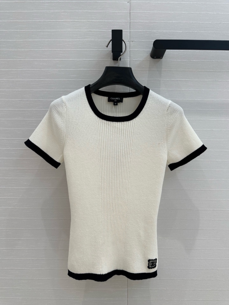 Chanel 25SS Contrast Trim Slim-Fit Knit Top White – Elegant and Versatile