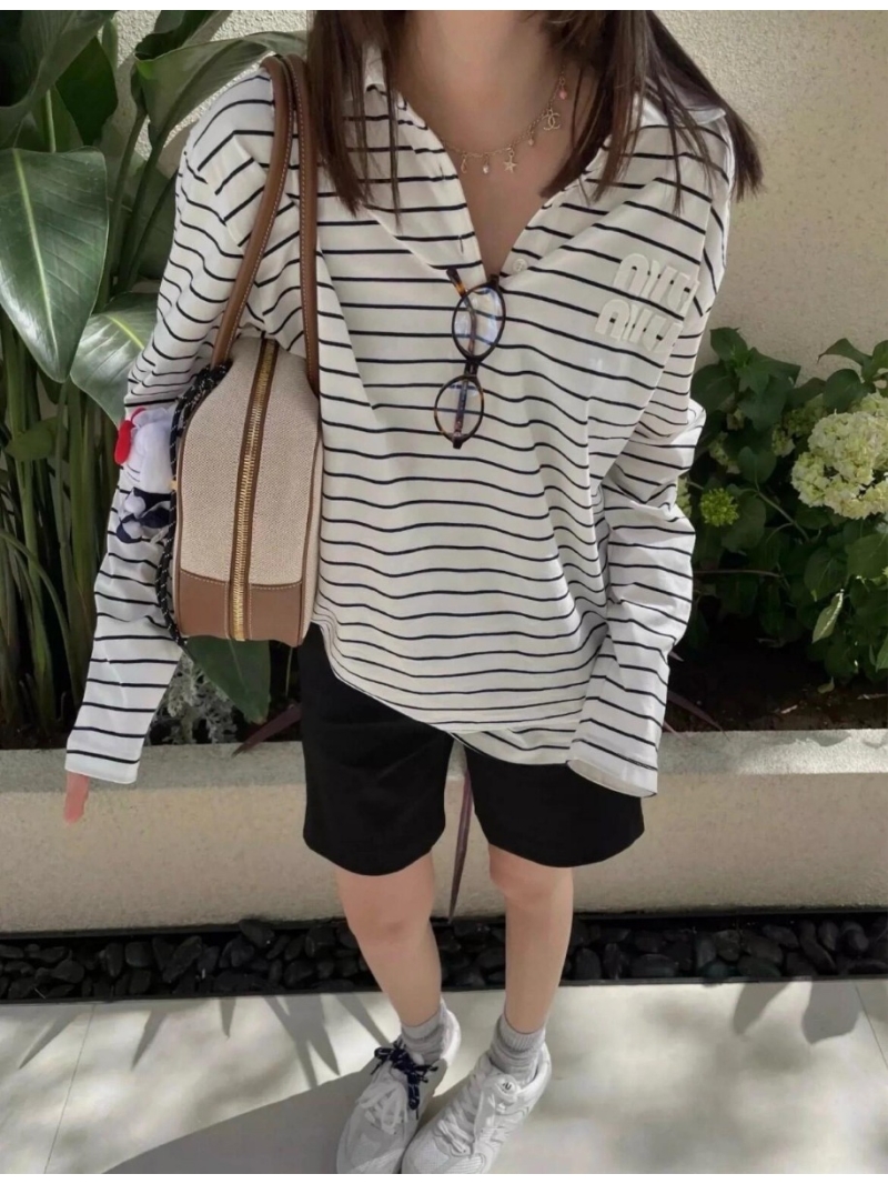 Miu Miu 2024 SS Striped Long-Sleeve Polo Shirt