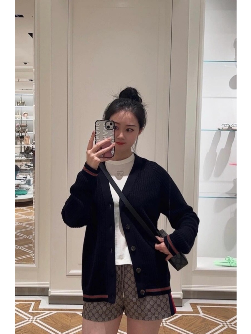 Gucci Web-Trim Openwork Knit Cardigan in White and Navy