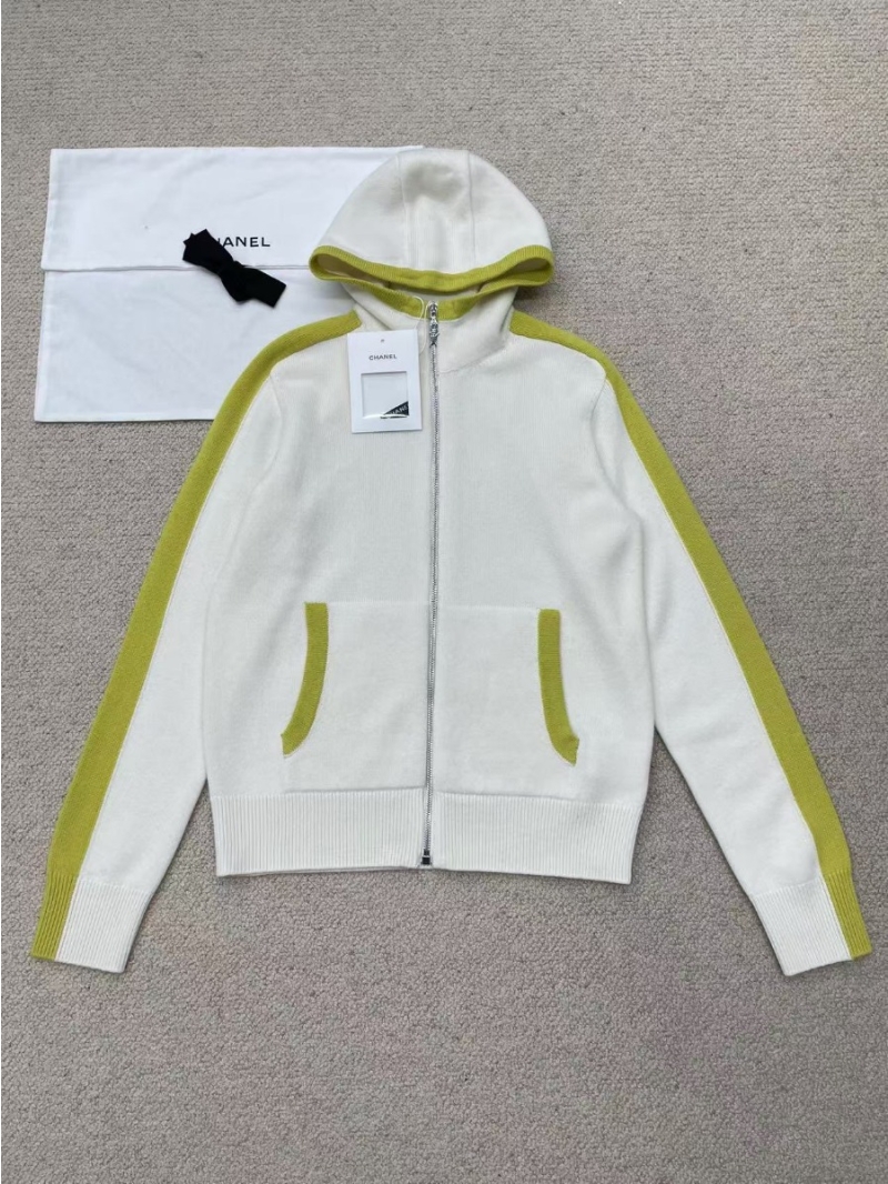 Chanel 25C Color-Block Hooded Cashmere Cardigan White