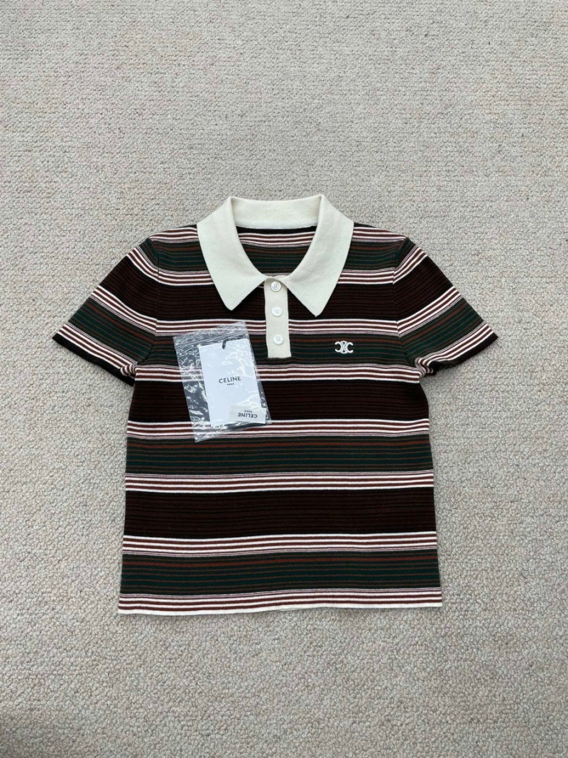 Celine Contrast-Collar Short Sleeve Striped Shirt