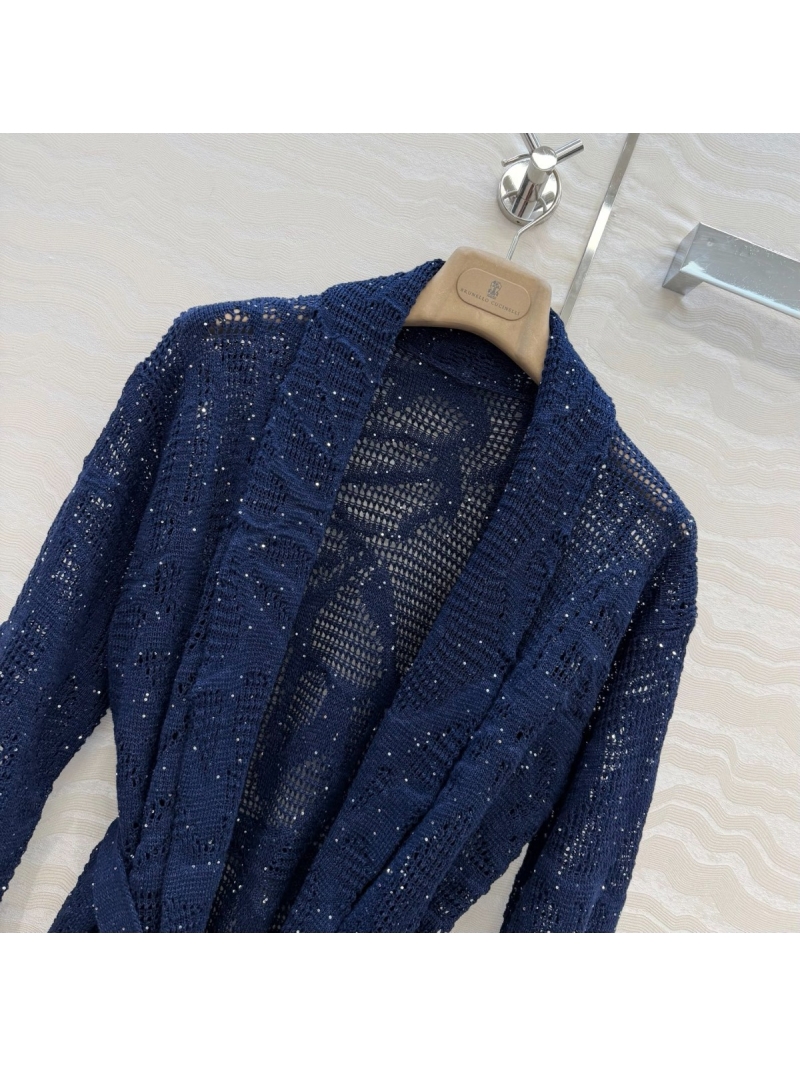 Brunello Cucinelli Sequin Linen-Cotton Tie Cardigan - Navy Blue, Exquisite Old Money Open-Knit Wrap