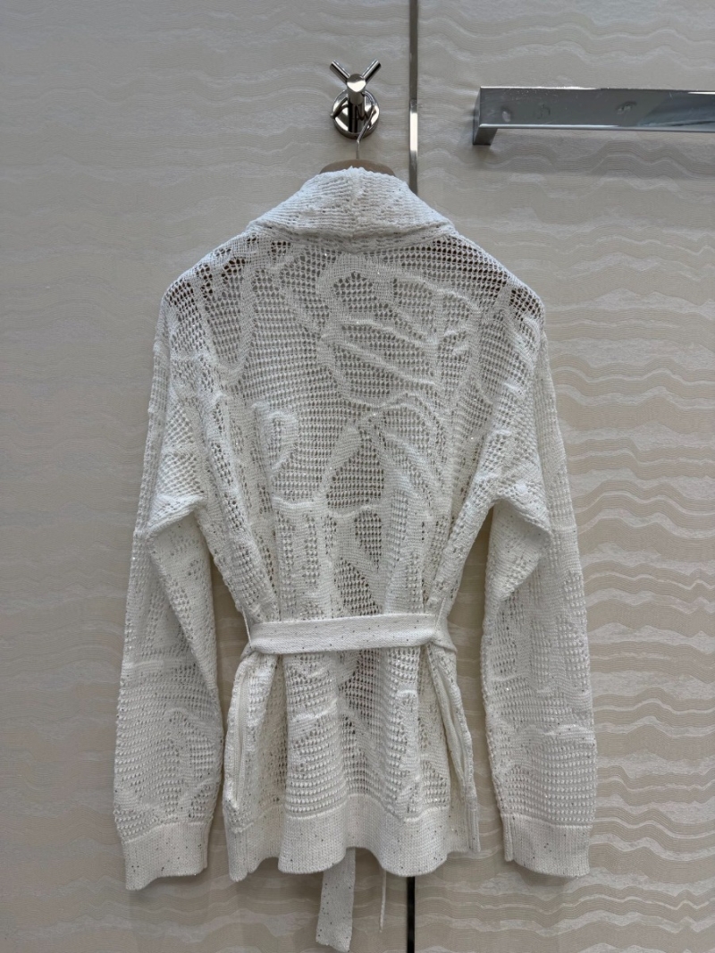 Brunello Cucinelli Sequin Linen-Cotton Open-Work Cardigan in White