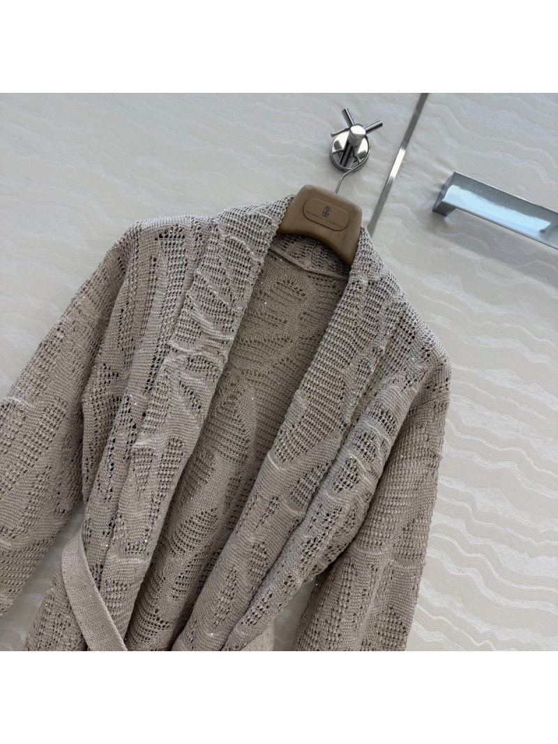 Brunello Cucinelli Sequin Linen-Cotton Pointelle Wrap Cardigan - Beige