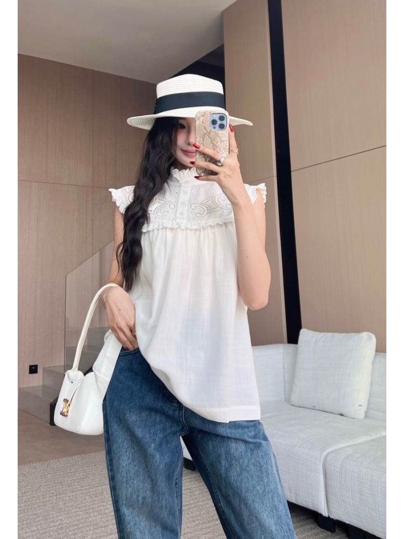 Celine 2025 Summer Spring Embroidered Ruffle Collar Sleeveless Shirt blouse