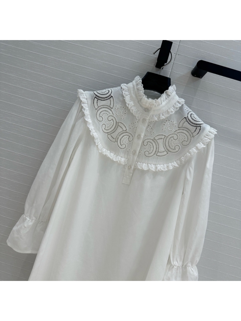 Celine 25SS Ruffled Collar Embroidered Cotton-Linen Dress