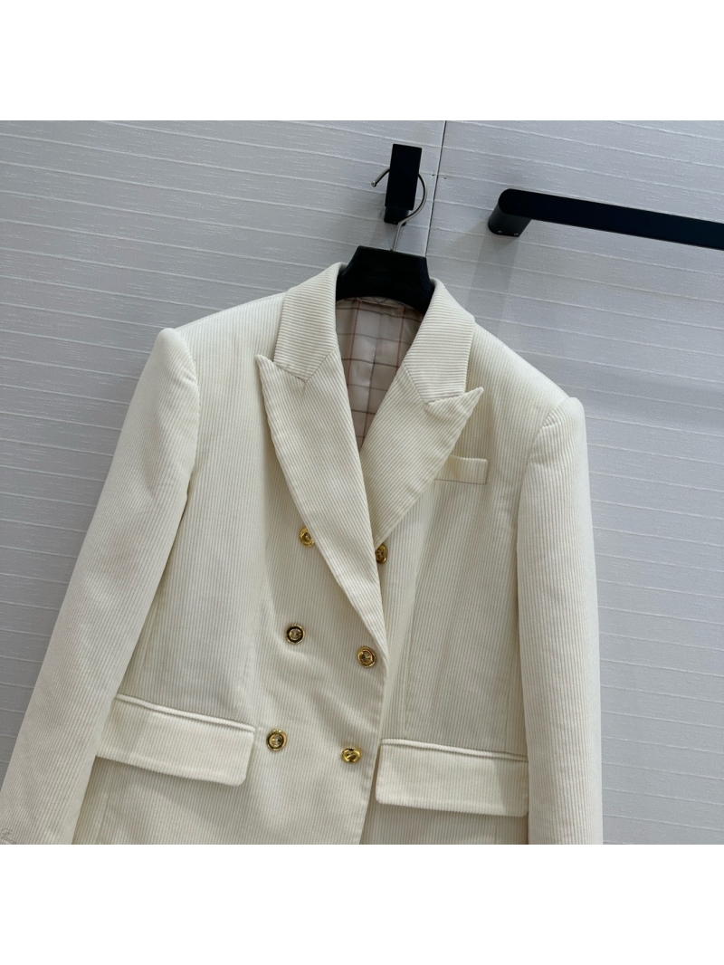 Loro Piana 24AW Double-Breasted Corduroy Blazer with Gold Buttons Creme