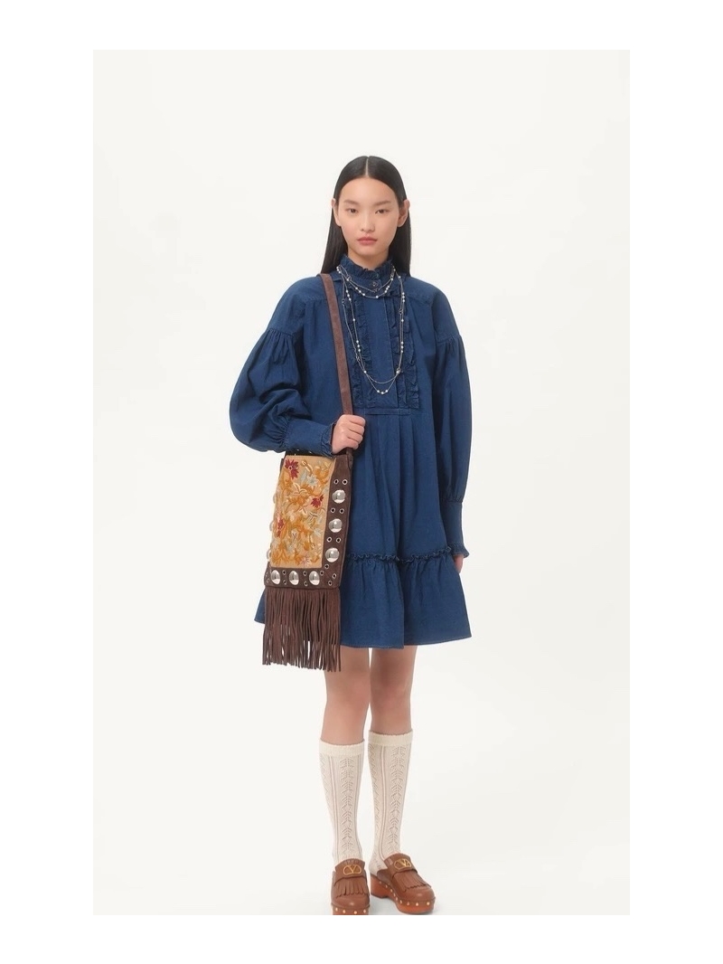 Valentino Puff-Sleeve Ruffle Hem Denim Dress