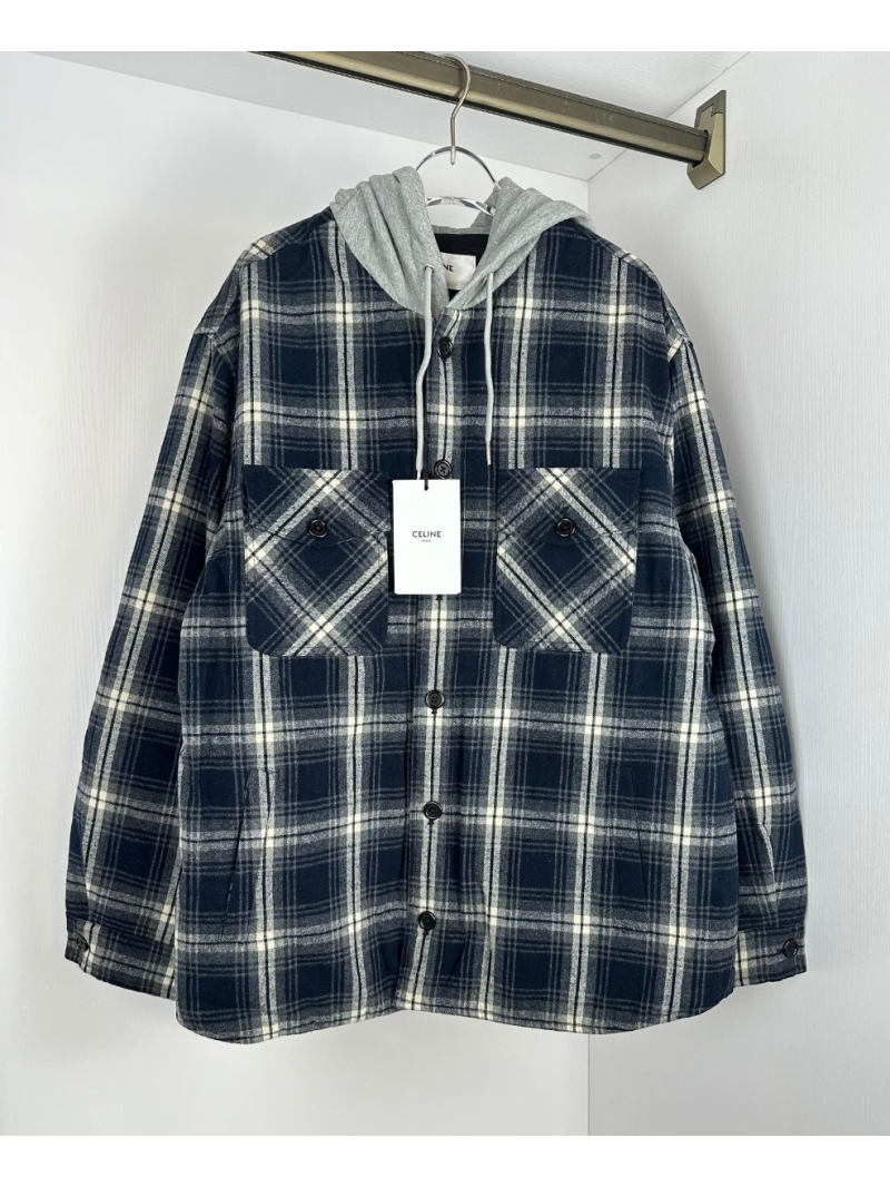 Celine 2024 Cashmere Plaid Hooded Jacket - Navy Blue