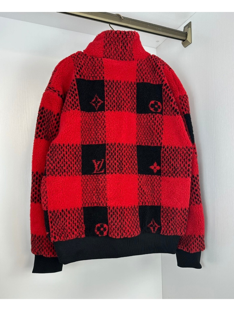 Louis Vuitton LV 2024 Collection Luxurious Jacquard Teddy Jacket in Red and Black Check Pattern