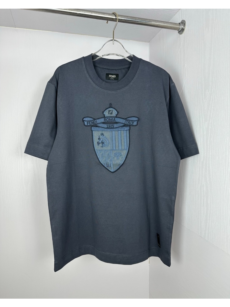 Fendi 2025 Embroidered Crest Casual T-Shirt - Navy