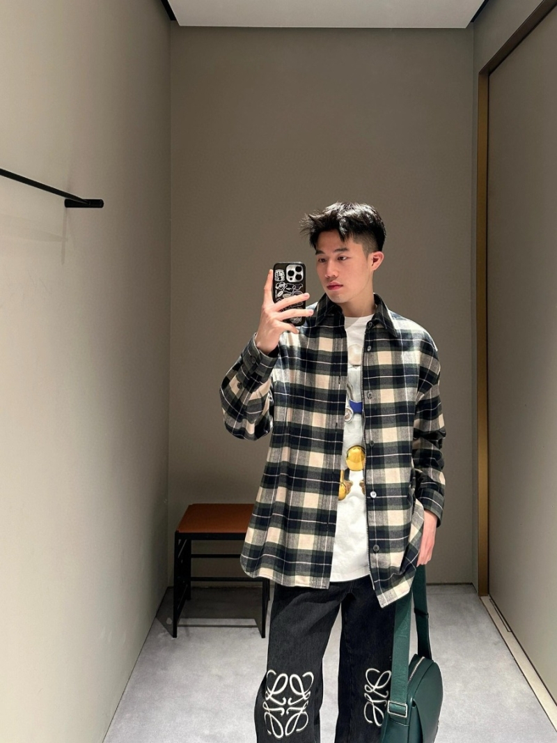 Loewe 2025 Collection Premium Flannel Leather-Trimmed Zip Jacket – Plaid Pattern