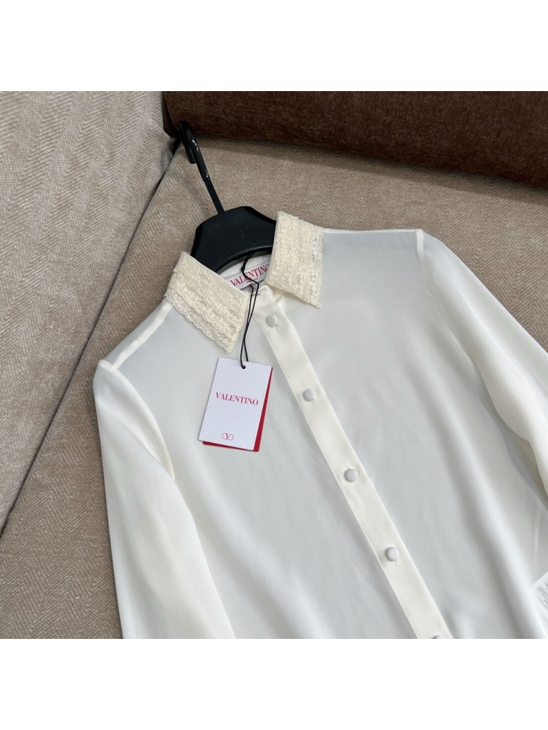 Valentino Spring 2025 Lace-Trimmed Ruffled Silk Blouse White