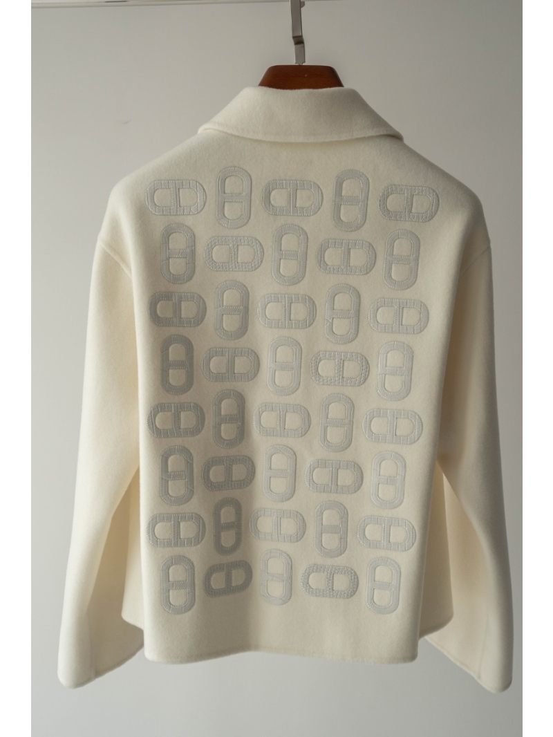 Hermes Hand-Stitched Lizard Pattern Cashmere Coat white