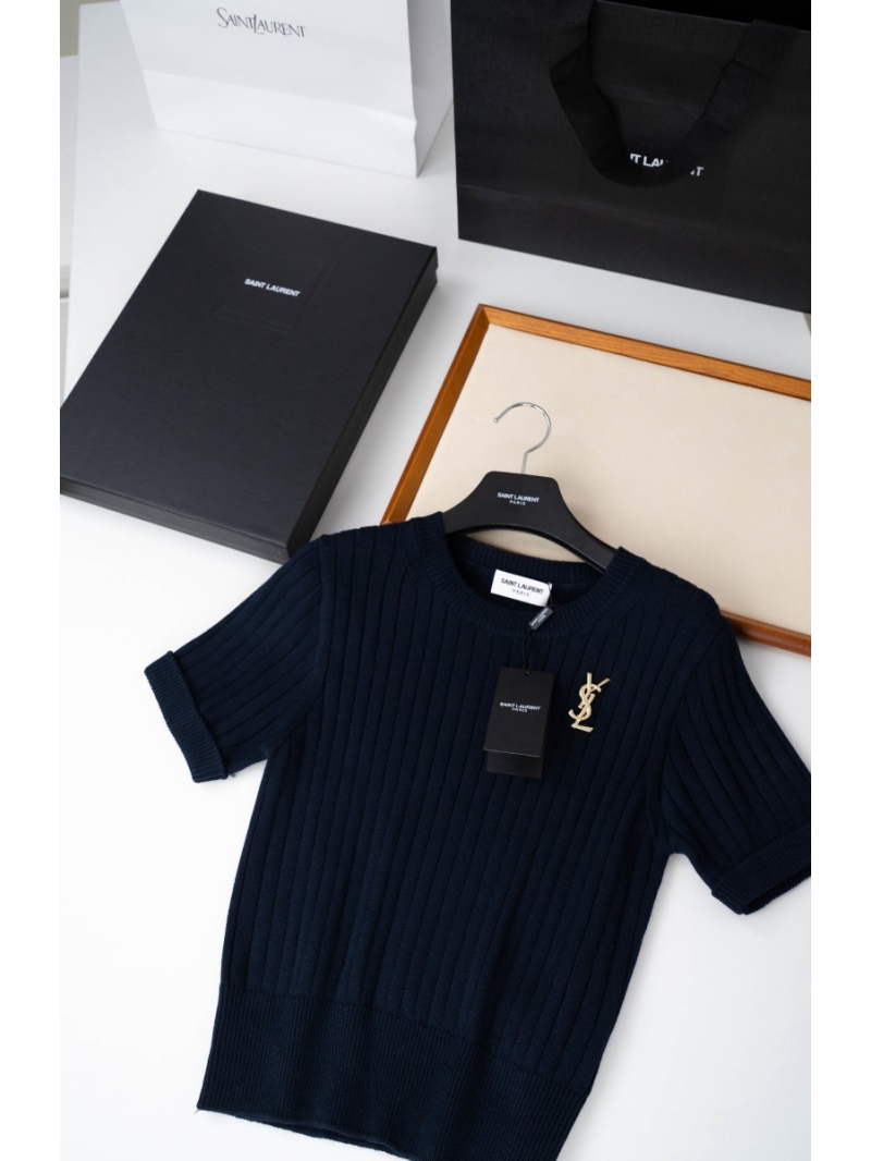 Saint Laurent Ribbed Knit Short Sleeve Sweater in Navy Blue - 100% Cotton with Gold YSL Brooch