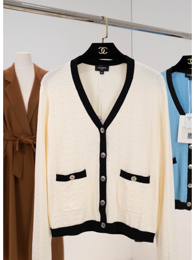 Chanel V-Neck Contrast Trim Knit Cardigan in Cream - Exquisite Logo Buttons
