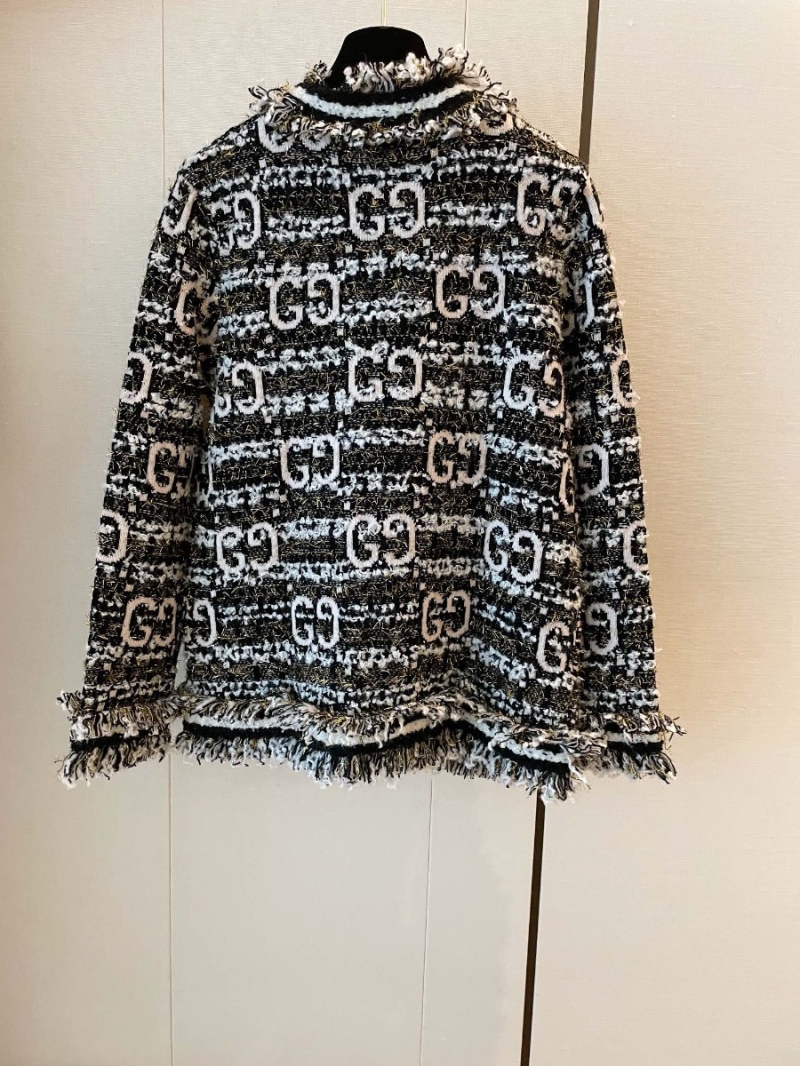 Gucci Wool and Gold Thread GG Jacquard Cardigan with Fringe Detail