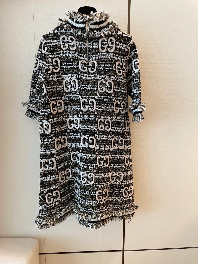 Gucci Gold Thread GG Jacquard Wool Dress with Fringe Detail