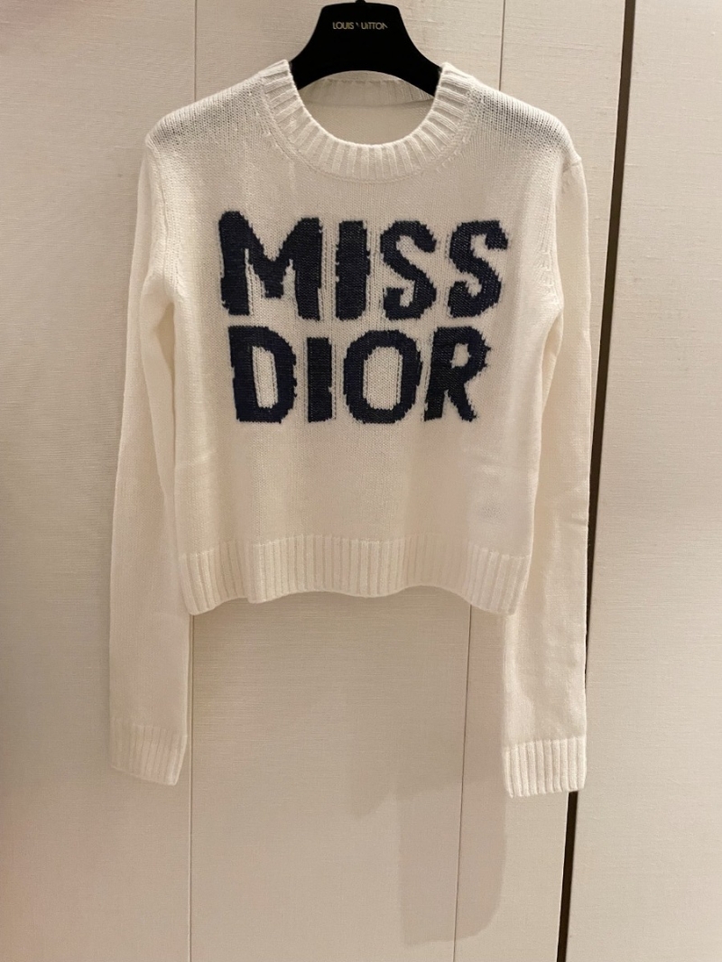 Dior Latest Collection Bold Dark Blue Lettering Jacquard Silk-Cashmere Sweater in Cream. 