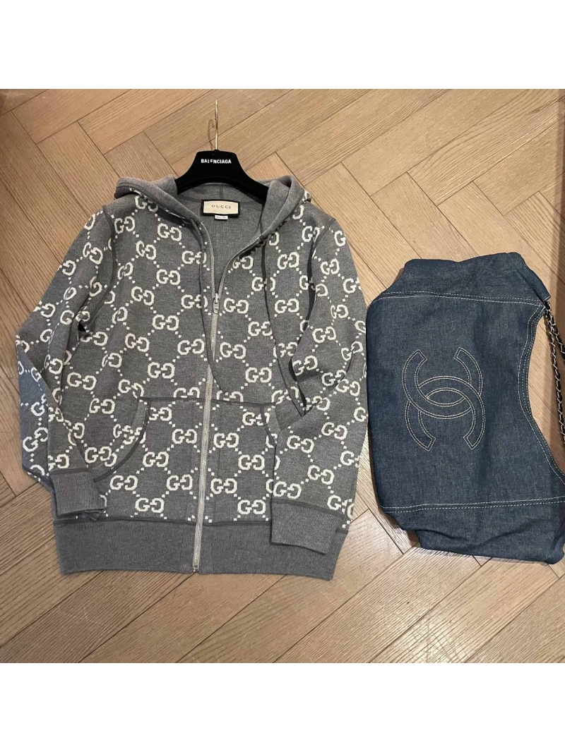 Gucci GG Fall/Winter Reversible Hooded Wool Cardigan Gray