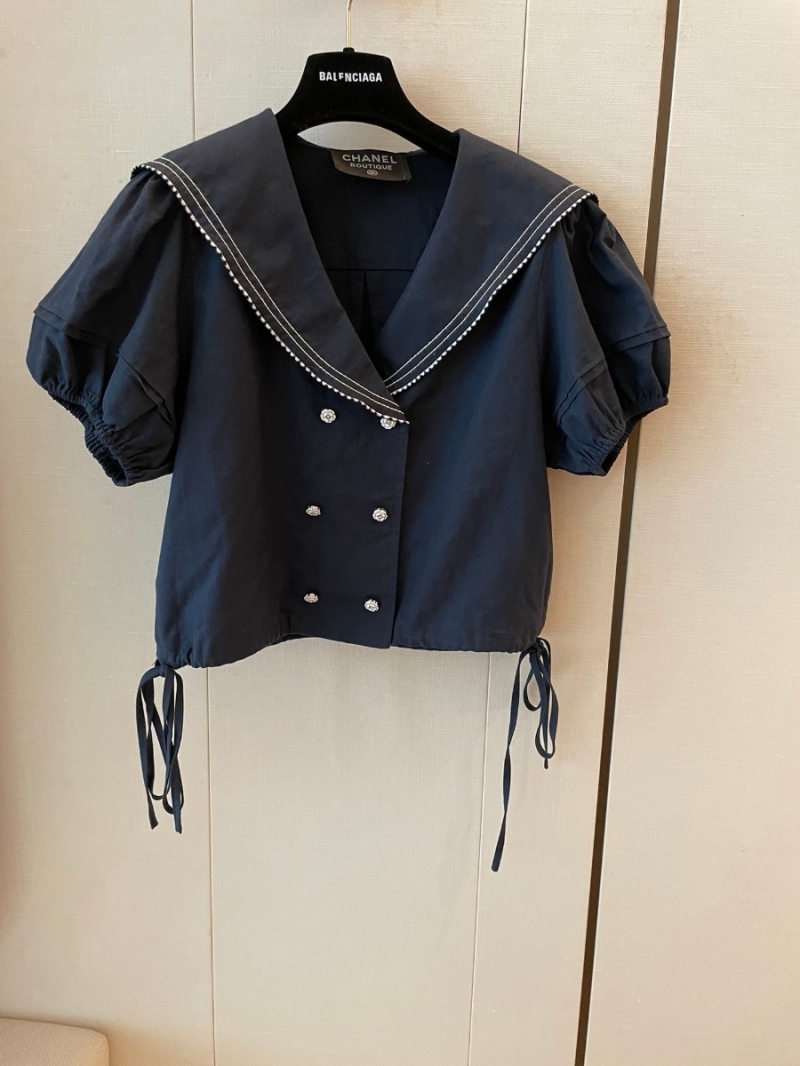 Chanel CC Navy Collar Collection V-Neck Cotton Top - Navy