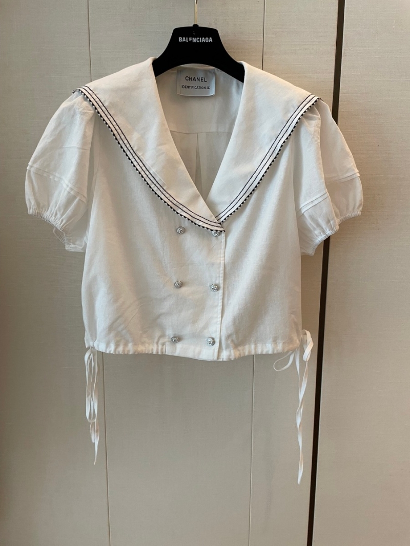 Chanel CC Navy Collar Collection V-Neck Cotton Top - Cream