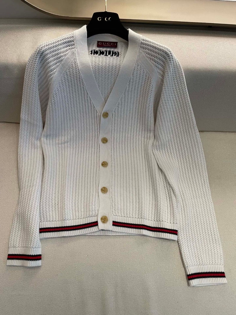 Gucci GG Lido Collection Knit Cotton Cardigan with Ribbon Trim in White