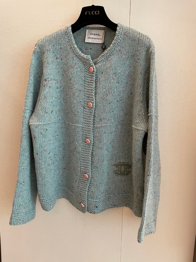 Chanel CC New Hooded Knit Cardigan. Light Blue