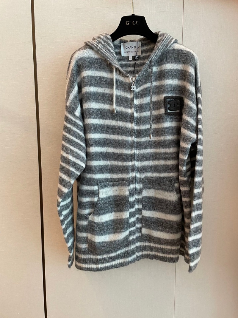 Chanel CC New Collection Hooded Wool Cardigan in Gray and White Stripes