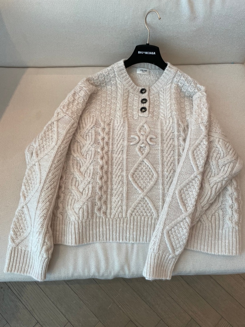 Celine Triumph Arch Vintage Jacquard Knit Wool Sweater - Cream