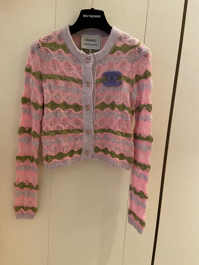Chanel CC Vibrant Multicolor Striped Wool Cardigan - Pink & Green