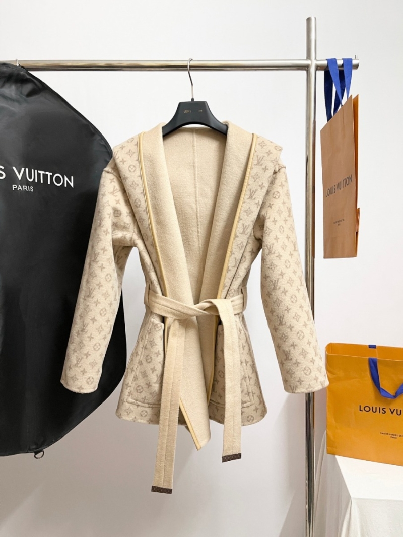 Louis Vuitton Monogram Lined Hooded Wrap Coat in Cream Beige Wool Blend