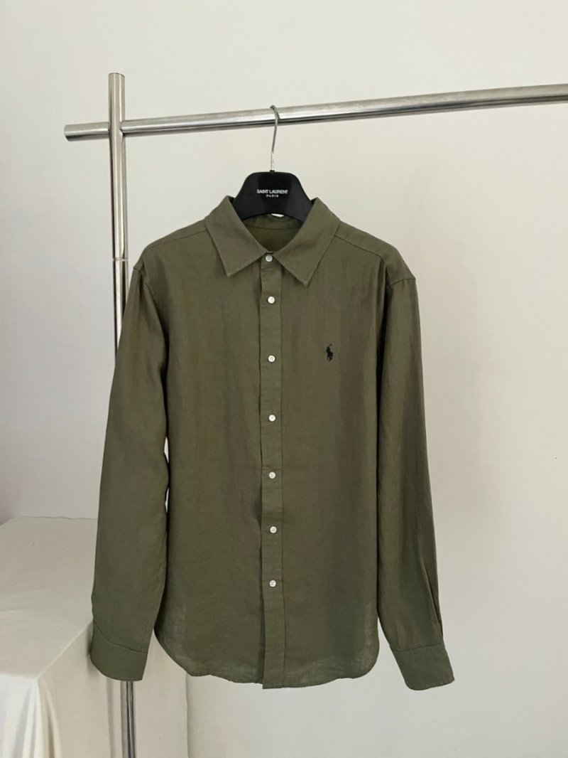 Ralph Lauren Signature Embroidered Olive Green Linen Shirt