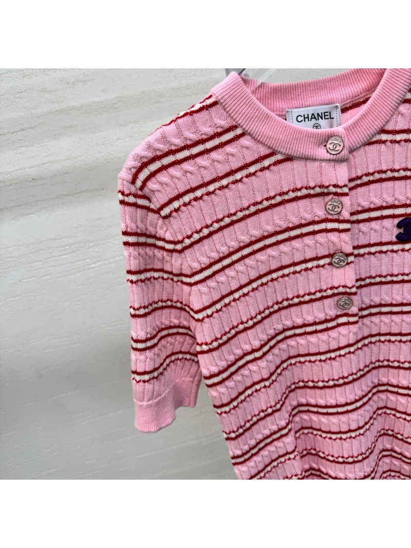 Chanel Striped Textured Knit Henley Top in Pink and Crimson