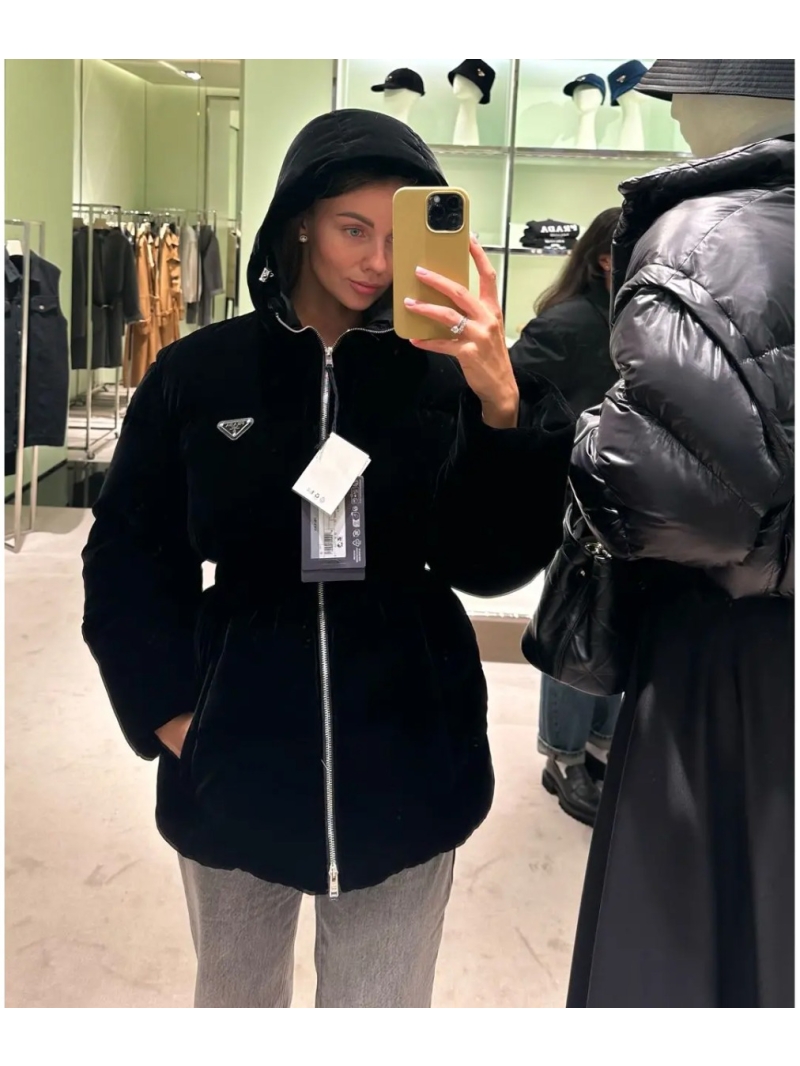 Prada Velvet 'Ant Waist' Hooded Puffer Jacket in Black - Luxe Quilted Design with Cinched Waist