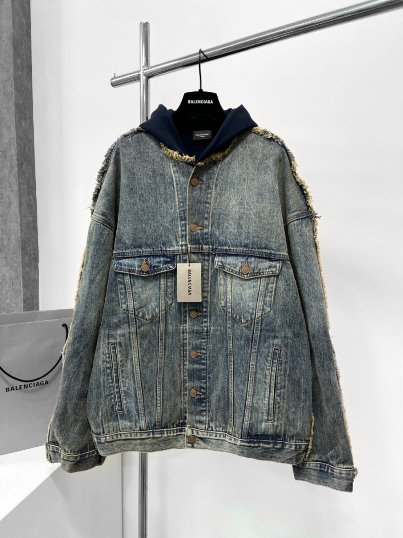 Balenciaga Two-Tone Denim Jacket with Faux Layered Hoodie - Blue