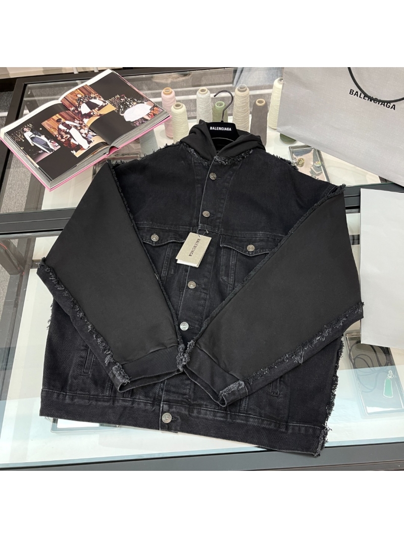 Balenciaga Two-Tone Denim Jacket with Faux Layered Hoodie - Black