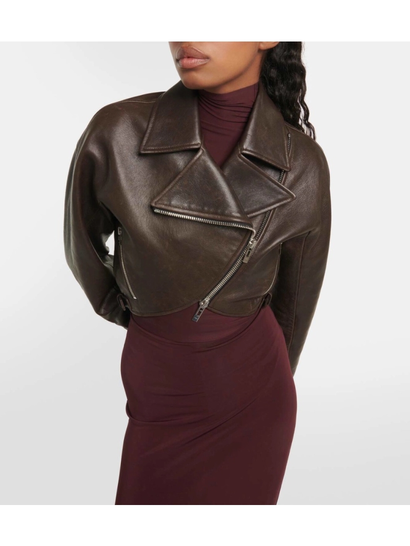 Alaia Ultra-Short Biker Leather Jacket in 100% Imported Lambskin | Cropped Cut & Inverted Triangle Back Detail