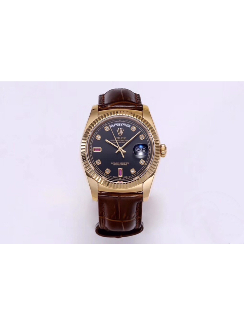 Rolex Oyster Perpetual Day-Date Leather Strap Edition - 36mm dark brown plate with pink