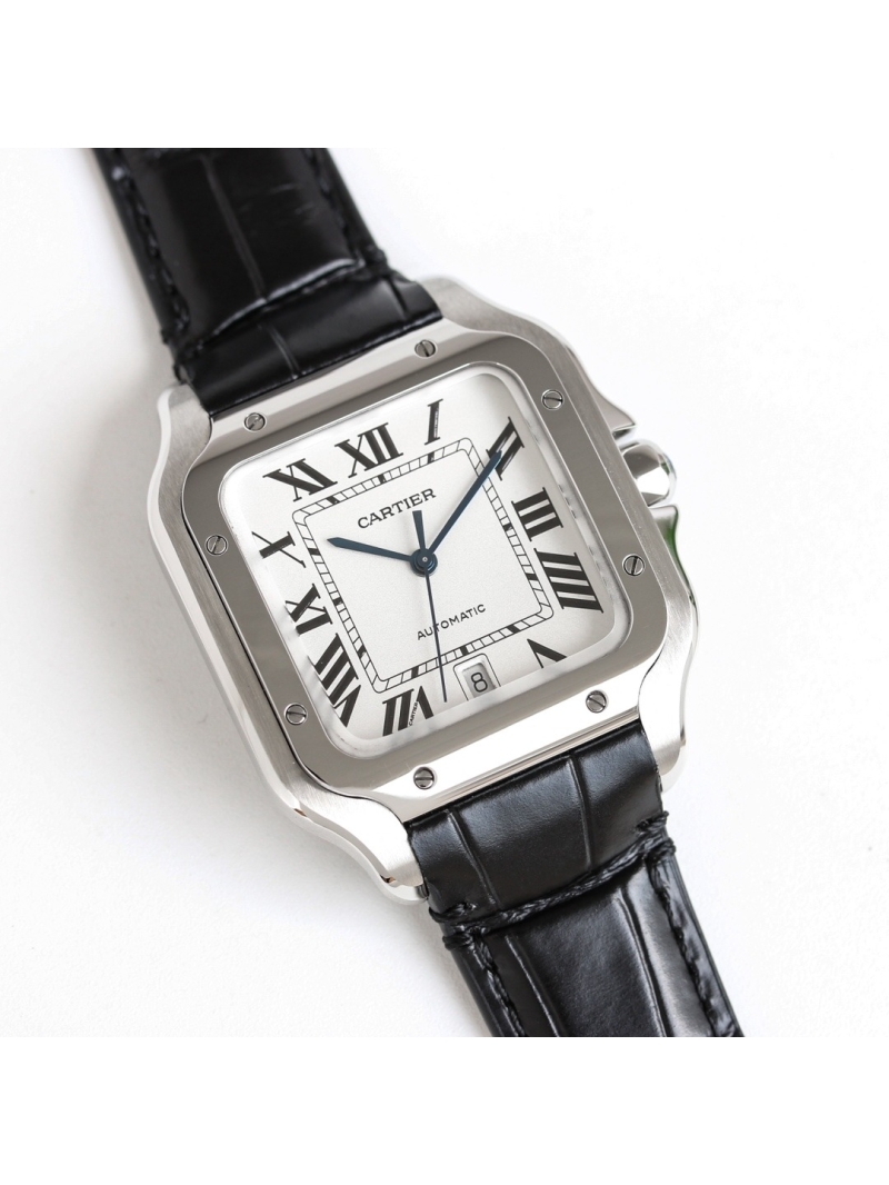 Cartier Santos de Cartier Men's Automatic Watch 40mm white dial, silver - Calfskin belt