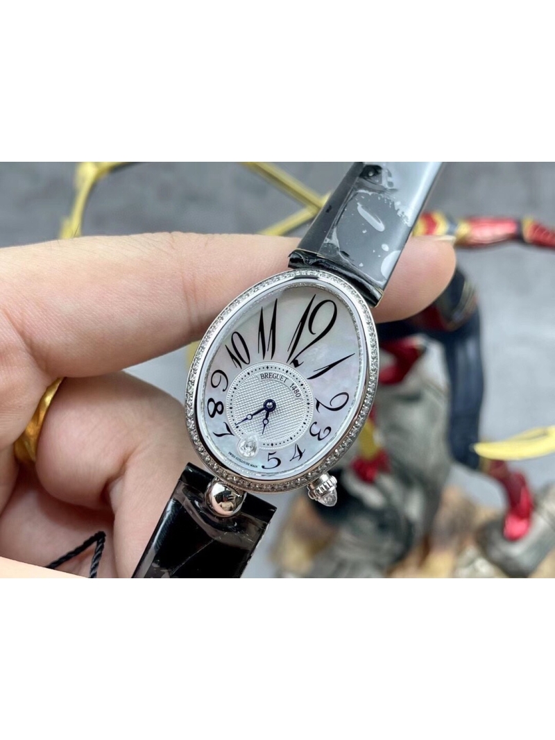 Breguet Silver Watch with Diamond Accents and black Crocodile Strap 35.6 x 28.5 mm