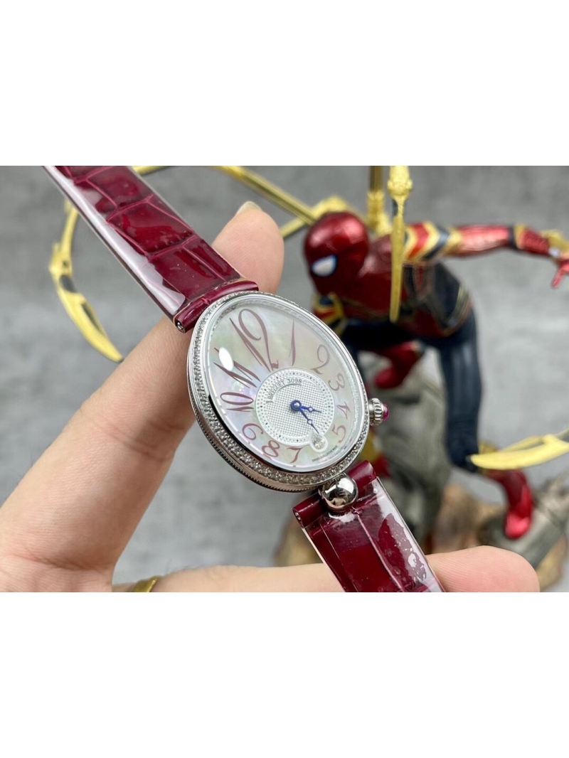 Breguet Silver Watch with Diamond Accents and red Calf Strap 35.6 x 28.5 mm