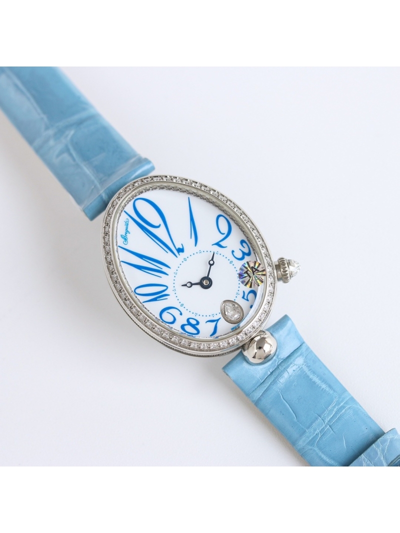 Breguet Silver Watch with Diamond Accents and blue crocodile Strap 35.6 x 28.5 mm