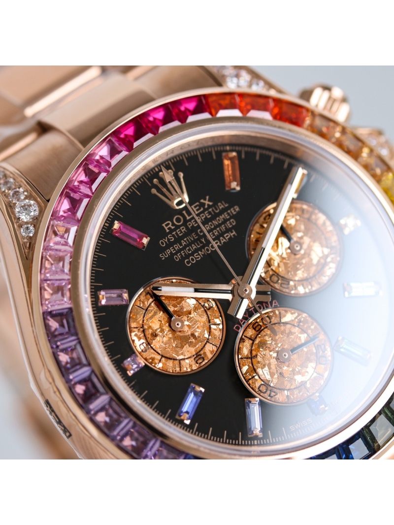 Rolex Cosmograph Daytona 40mm - Black Dial, Rainbow Sapphire Bezel, 18K Rose Gold Oyster Bracelet