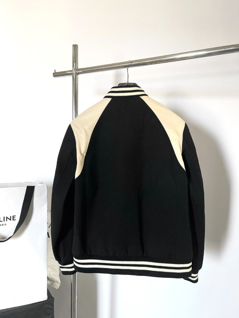 Celine Leather-Trimmed Wool Jacquard Ribbed Varsity Jacket in Black and White