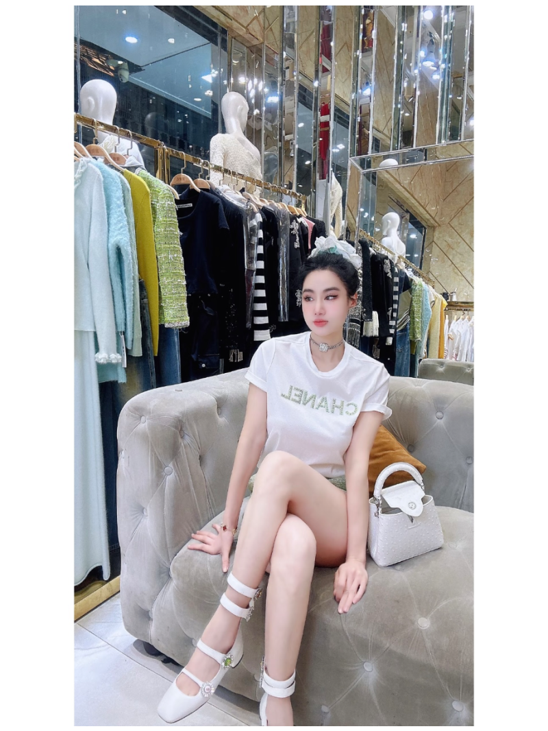 Chanel Green Rhinestone Embroidered Logo T-Shirt