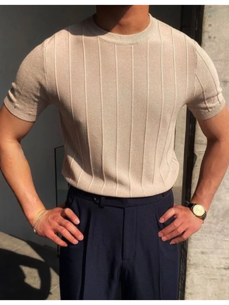 Loro Piana Exclusive Limited-Edition Striped Linen-Cotton Knit Short-Sleeve Sweater Beige