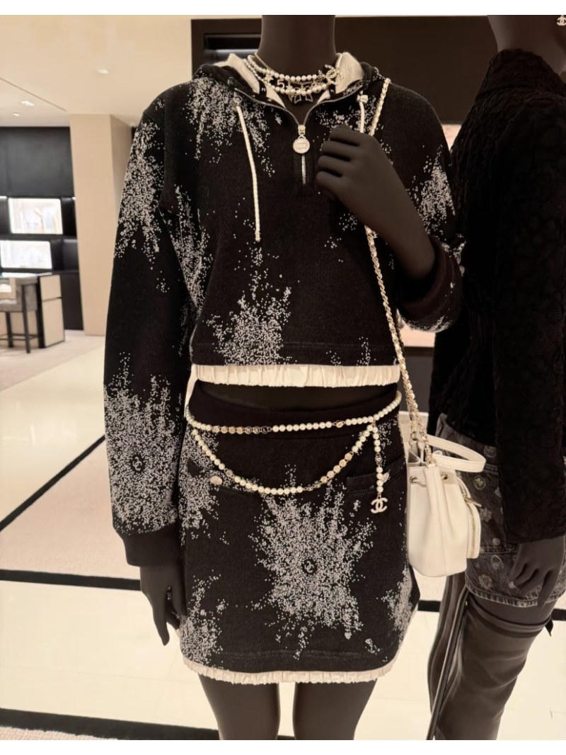 Chanel 25B Atelier Collection Firework Print Cropped Hoodie and Skirt Set | Black & White Speckled Pattern | Limited Edition