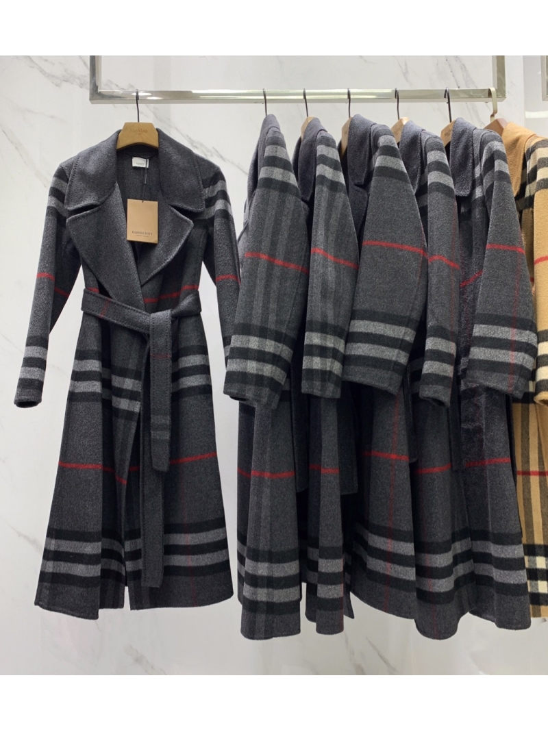 Burberry Check Pattern Double-Faced Cashmere Coat dark grey