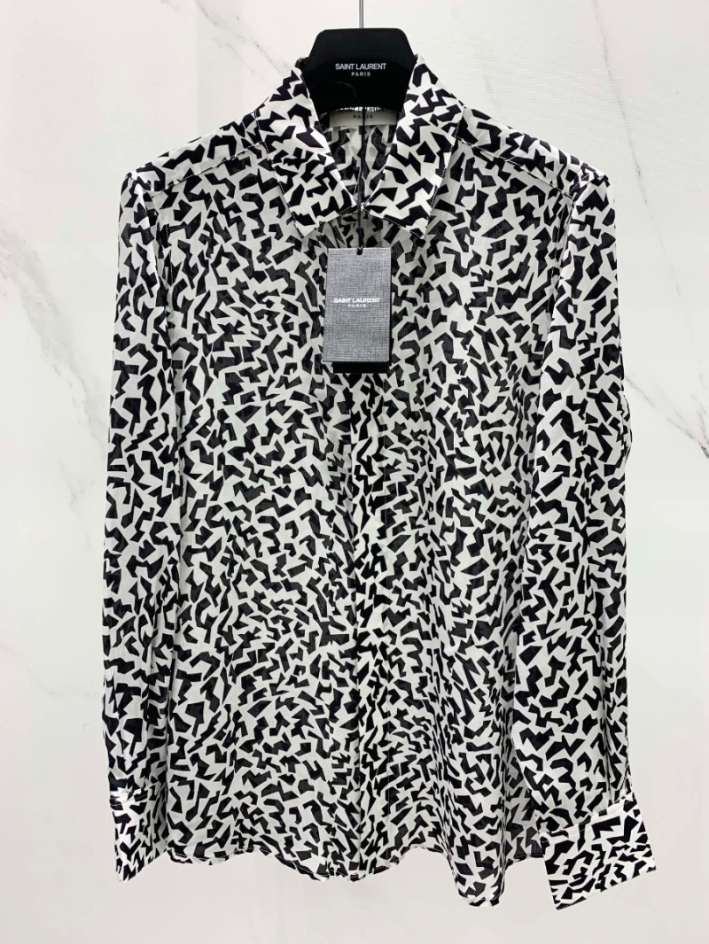 SAINT LAURENT Abstract Patterned Unisex Silk Shirt in Black and White